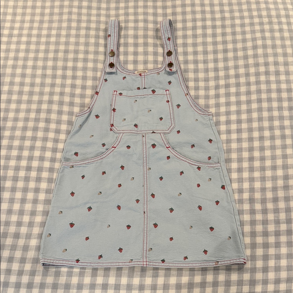 Girls' Light Blue Strawberry Print Denim Overalls Dress